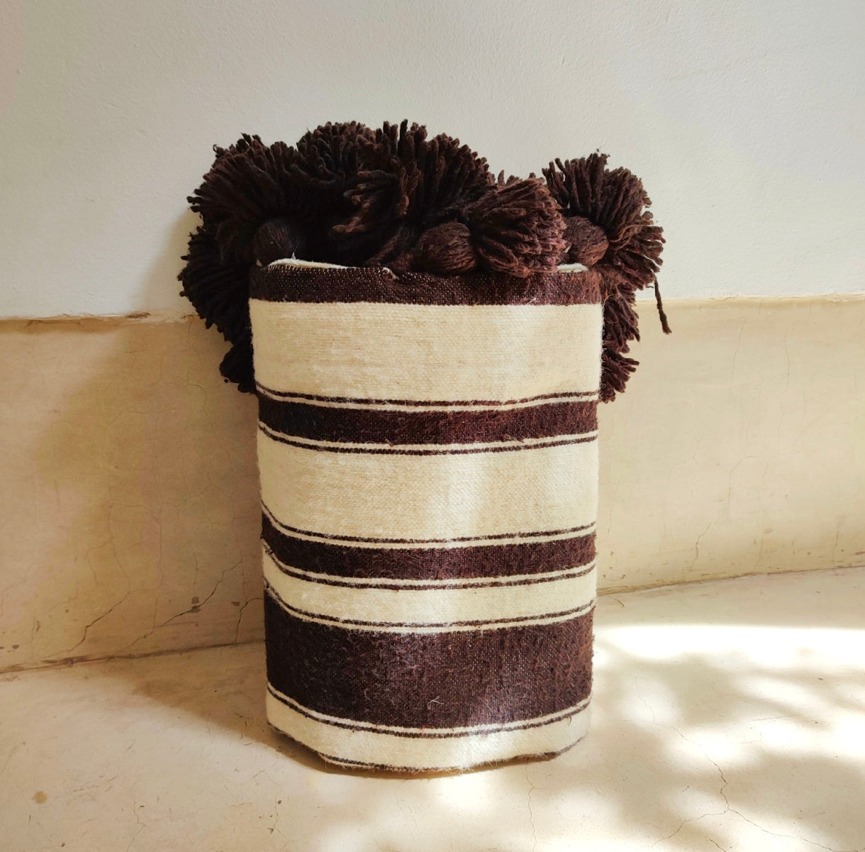 Handmade Moroccan Wool Blanket with Brown Pom Poms – Brown & White Striped Throw from Marrakech