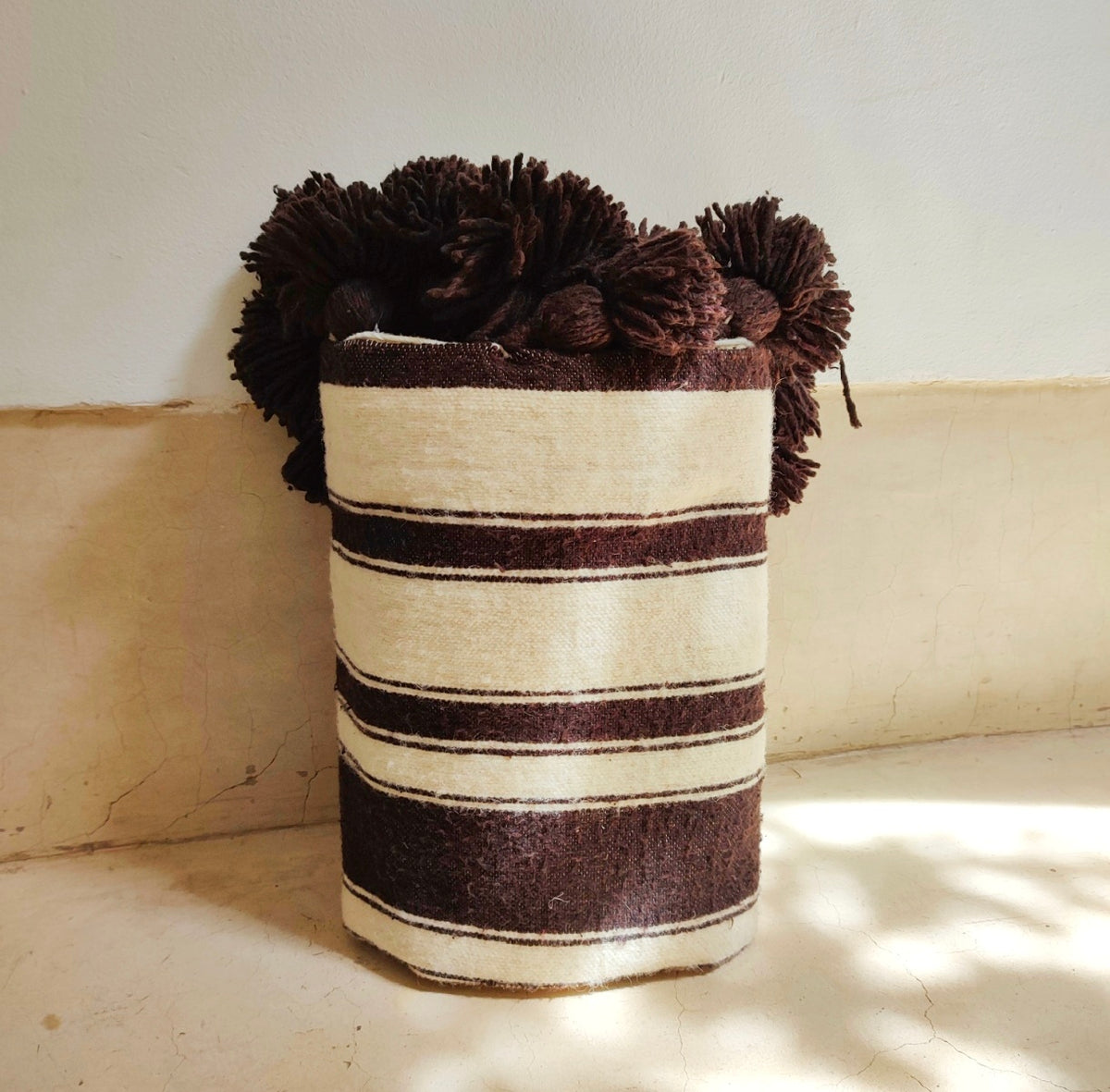 Handmade Moroccan Wool Blanket – Brown & White Striped Throw with Pom Poms