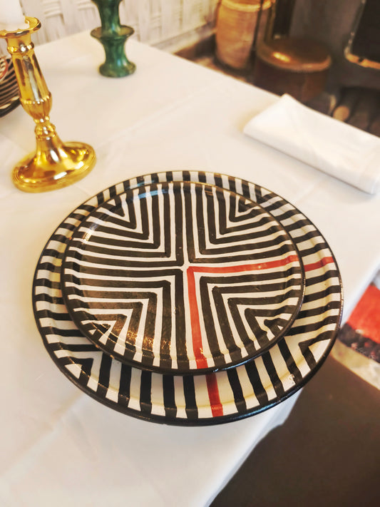 Set of 2 x Modern Moroccan Ceramic Plate, Hand-Painted Black & White with Red Lines [20cm & 25 cm] -Tamegroute Pottery