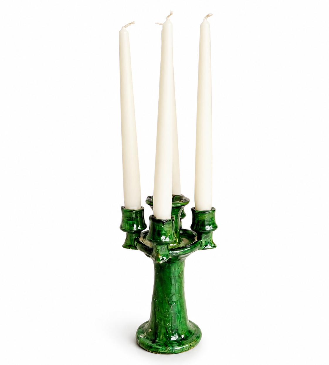 Handmade Tamegroute Green Ceramic Candlestick Holder – Authentic Moroccan Boho Decor