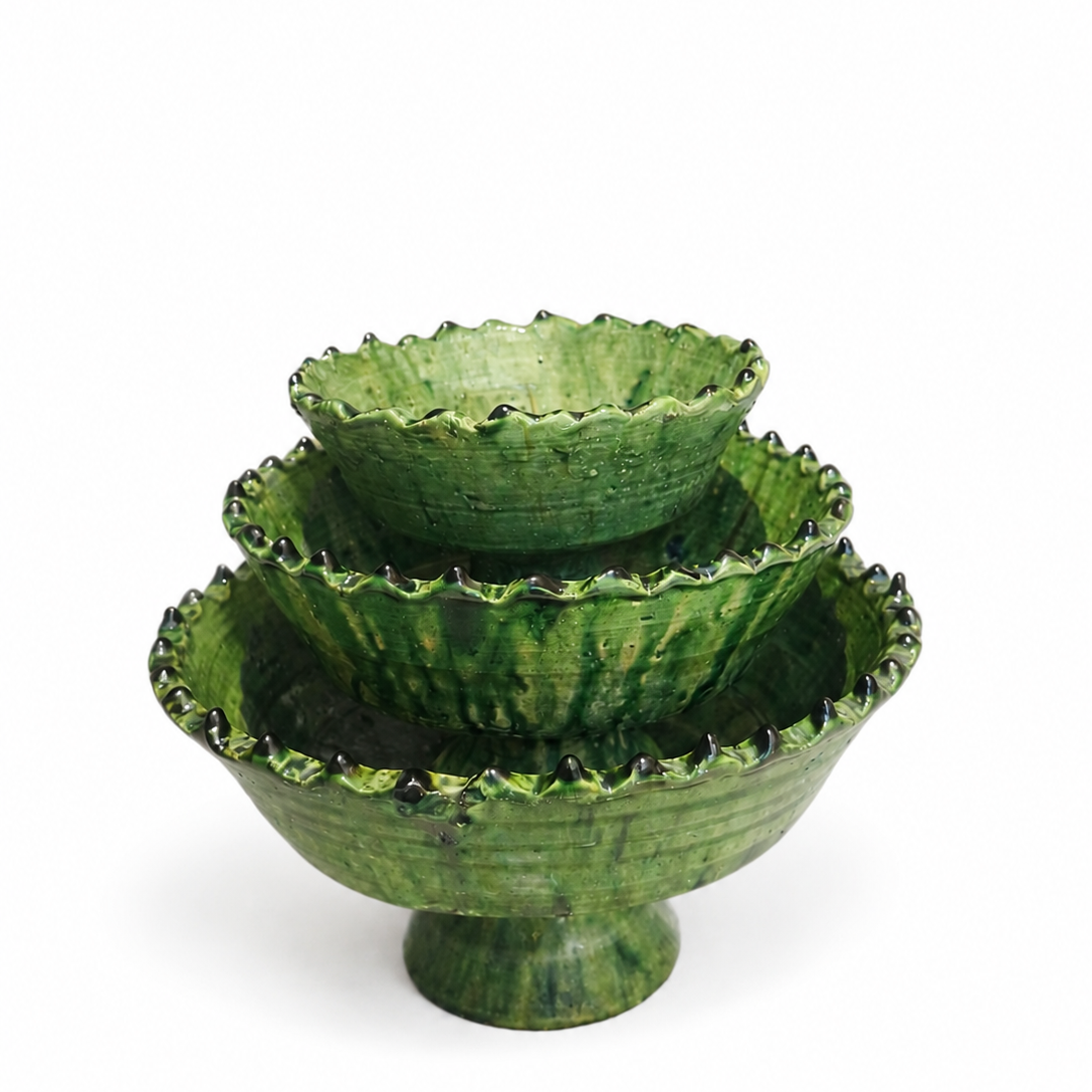 A set of 3 size Handmade Moroccan Ceramics Footed Bowls, Green Tamegroute bowls.