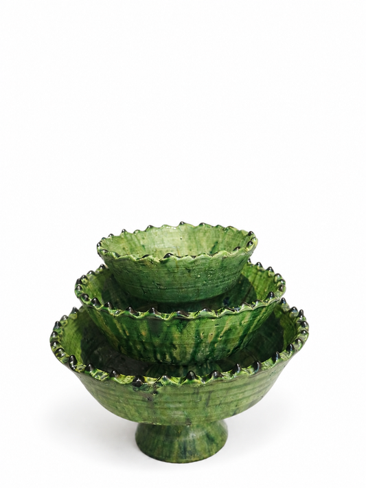 A set of 3 size Handmade Moroccan Ceramics Footed Bowls, Green Tamegroute bowls.