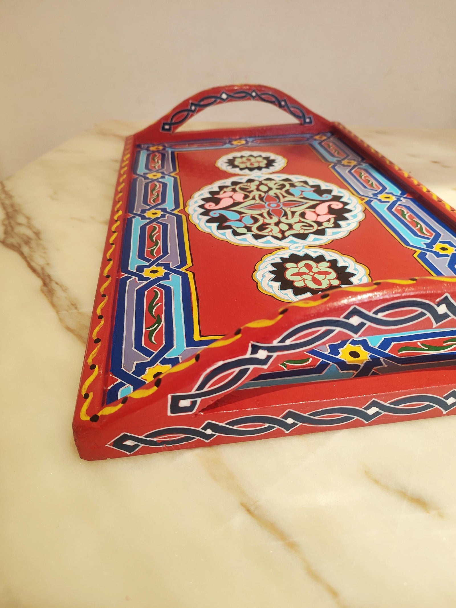 Hand-Painted Moroccan Wooden Serving Tray – Artisan Decorative Tea & Coffee Tray