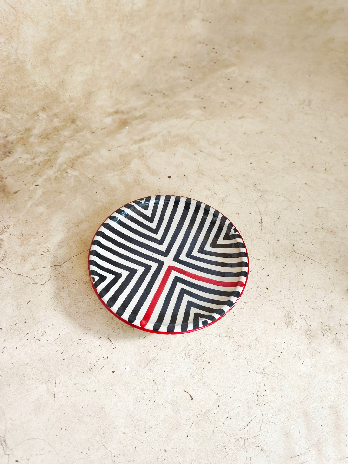 Set of 2 x Modern Moroccan Ceramic Plate, Hand-Painted Black & White with Red Lines [20cm & 25 cm] -Tamegroute Pottery