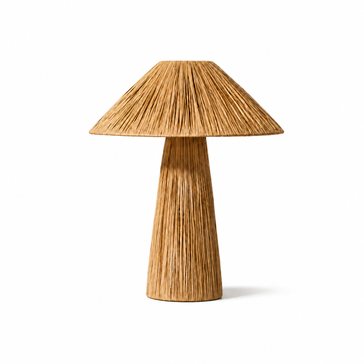 Handwoven Moroccan raffia table lamp isolated on a white background by Tamegroute Pottery.