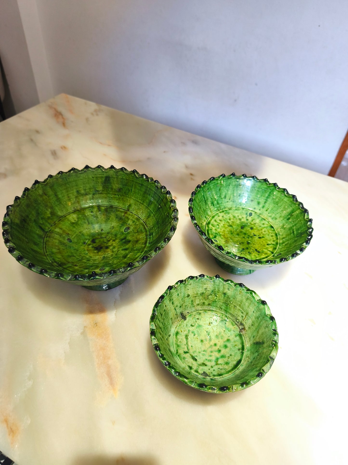 A set of 3 size Handmade Moroccan Ceramics Footed Bowls, Green Tamegroute bowls.