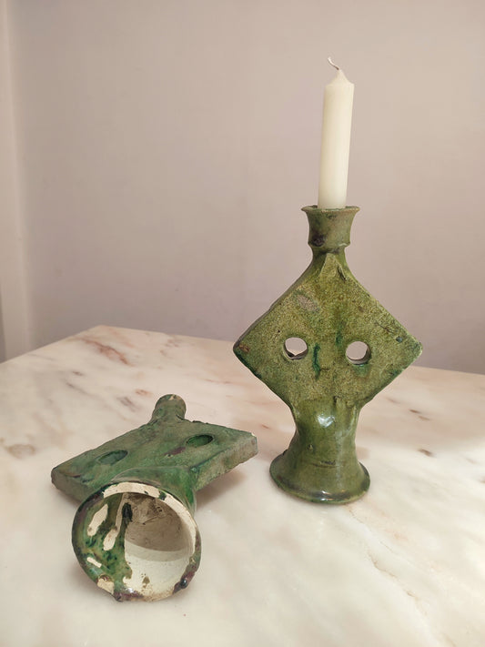 Moroccan Tamegroute Candle Holder – Vintage Green Ceramic Art