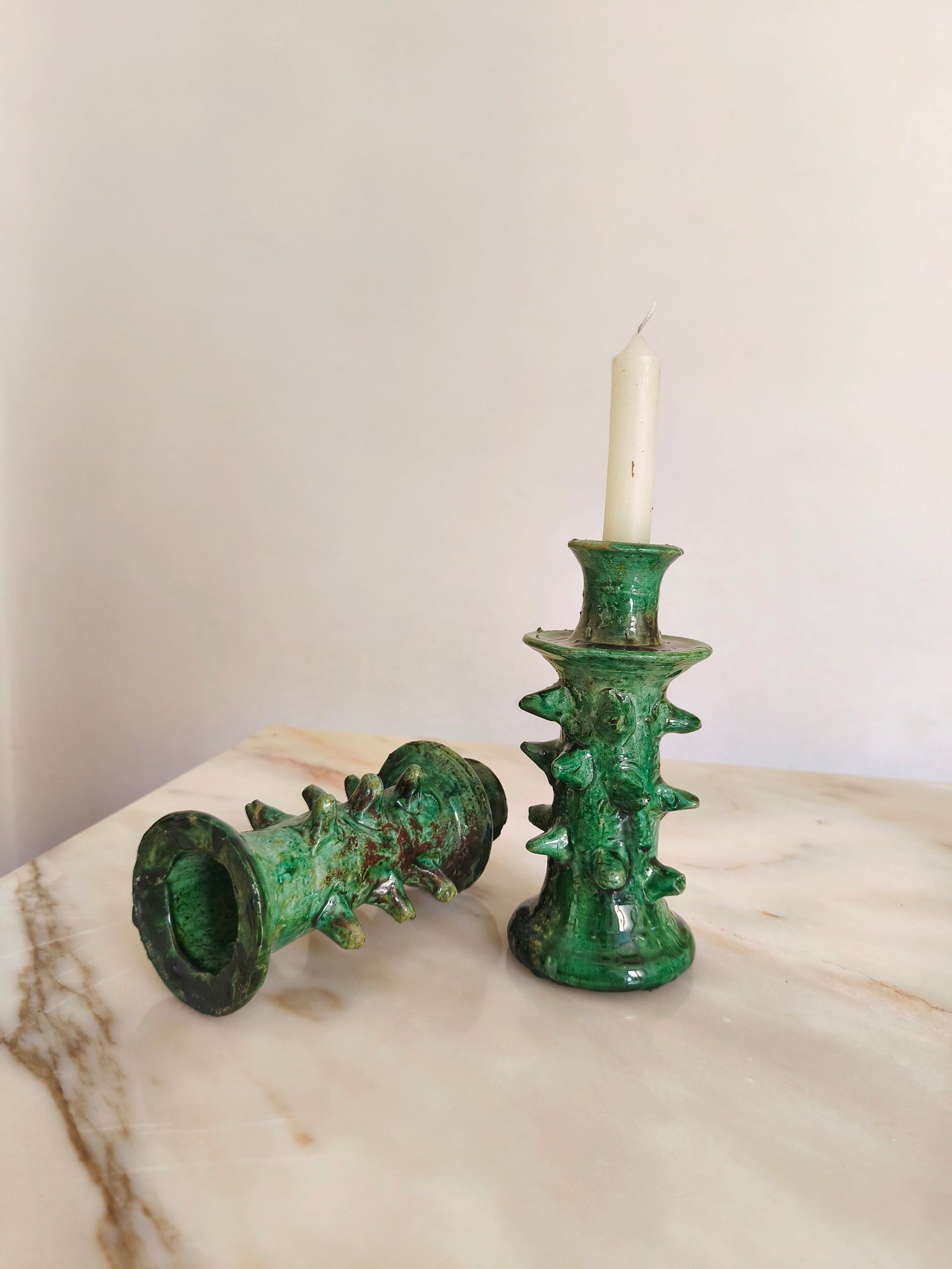 Handmade Dragon Tamegroute Ceramic Candle Holder – Green Moroccan Boho Decor