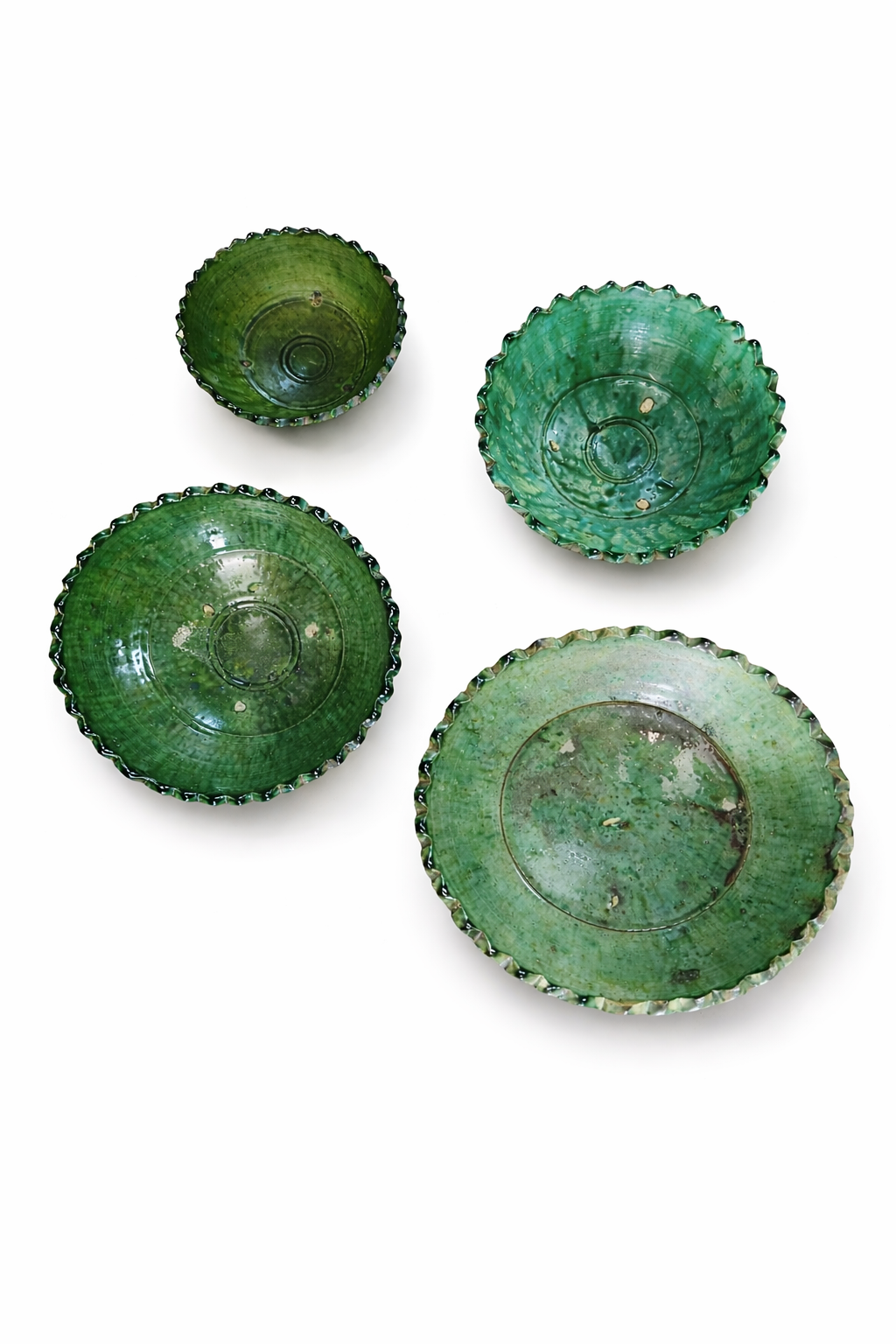 Set of 4 Moroccan Green Tamegroute Pedestal Bowls – Handmade Green Glazed Ceramic Nesting Bowls