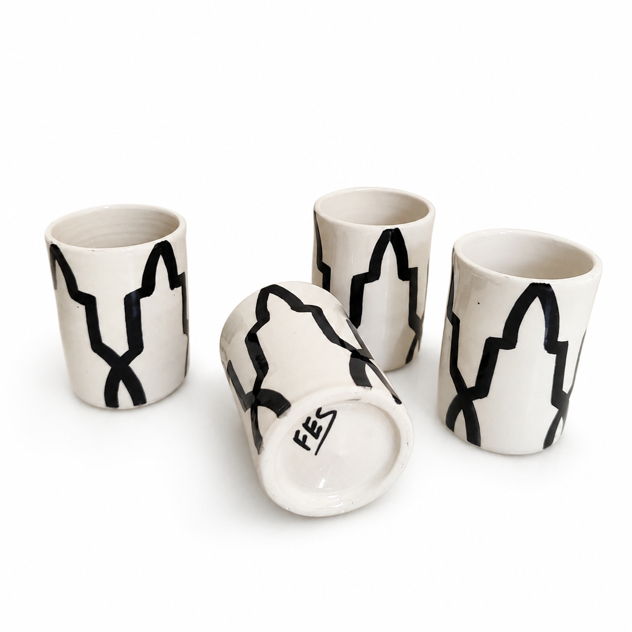 Handmade Moroccan Ceramic Cups Set of 4 – Black & White Pottery Tumblers from Fez