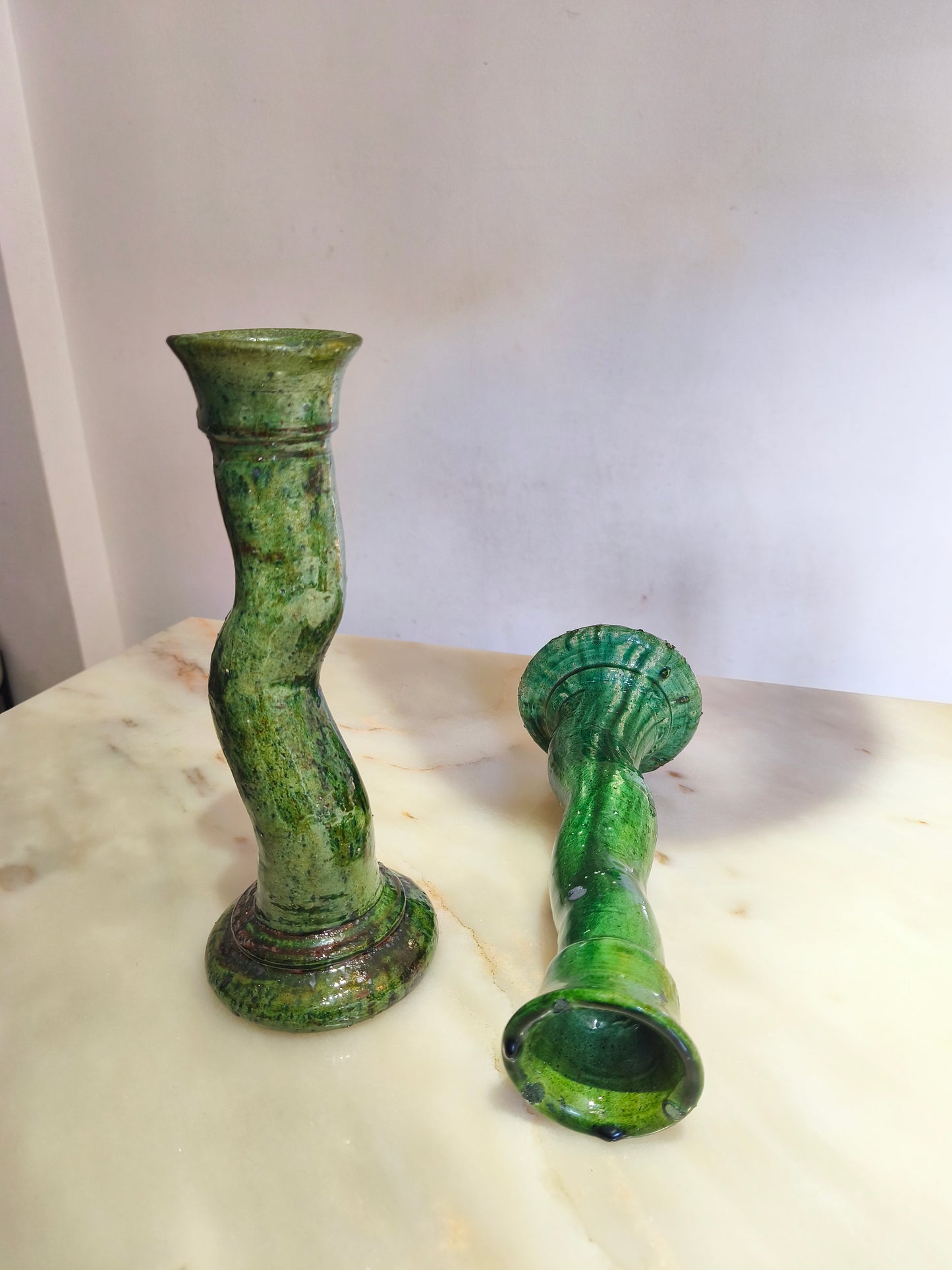 Pair of vintage-style green glazed Moroccan ceramic candle holders, handmade pottery