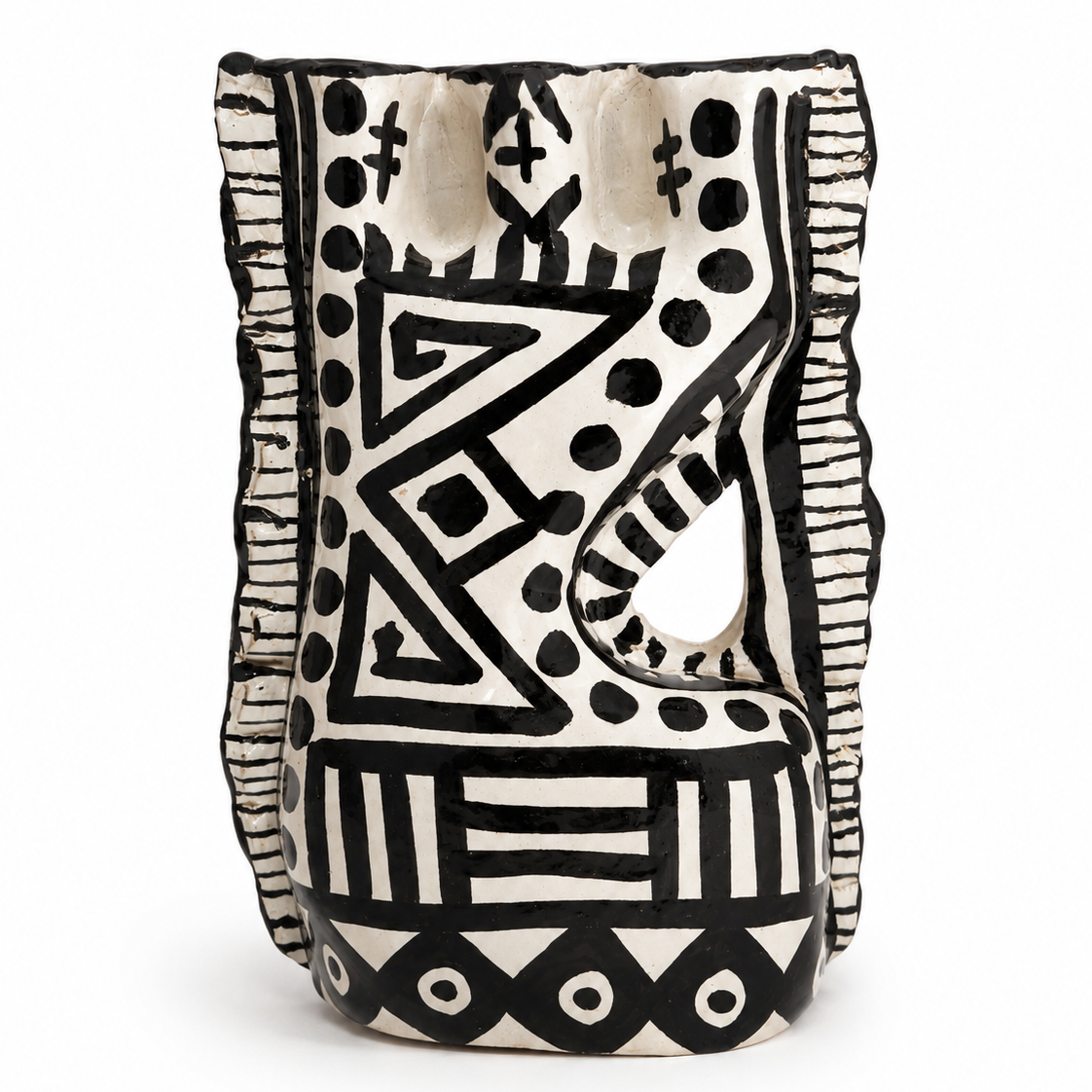 Handmade Moroccan Tribal Ceramic Candle Holder – Black & White Boho Pottery