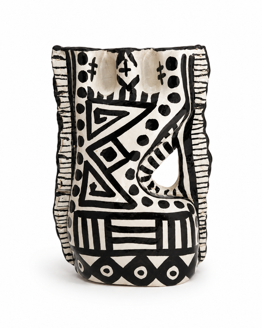 Handmade Moroccan Ceramic Tribal Candle Holder – Black & White