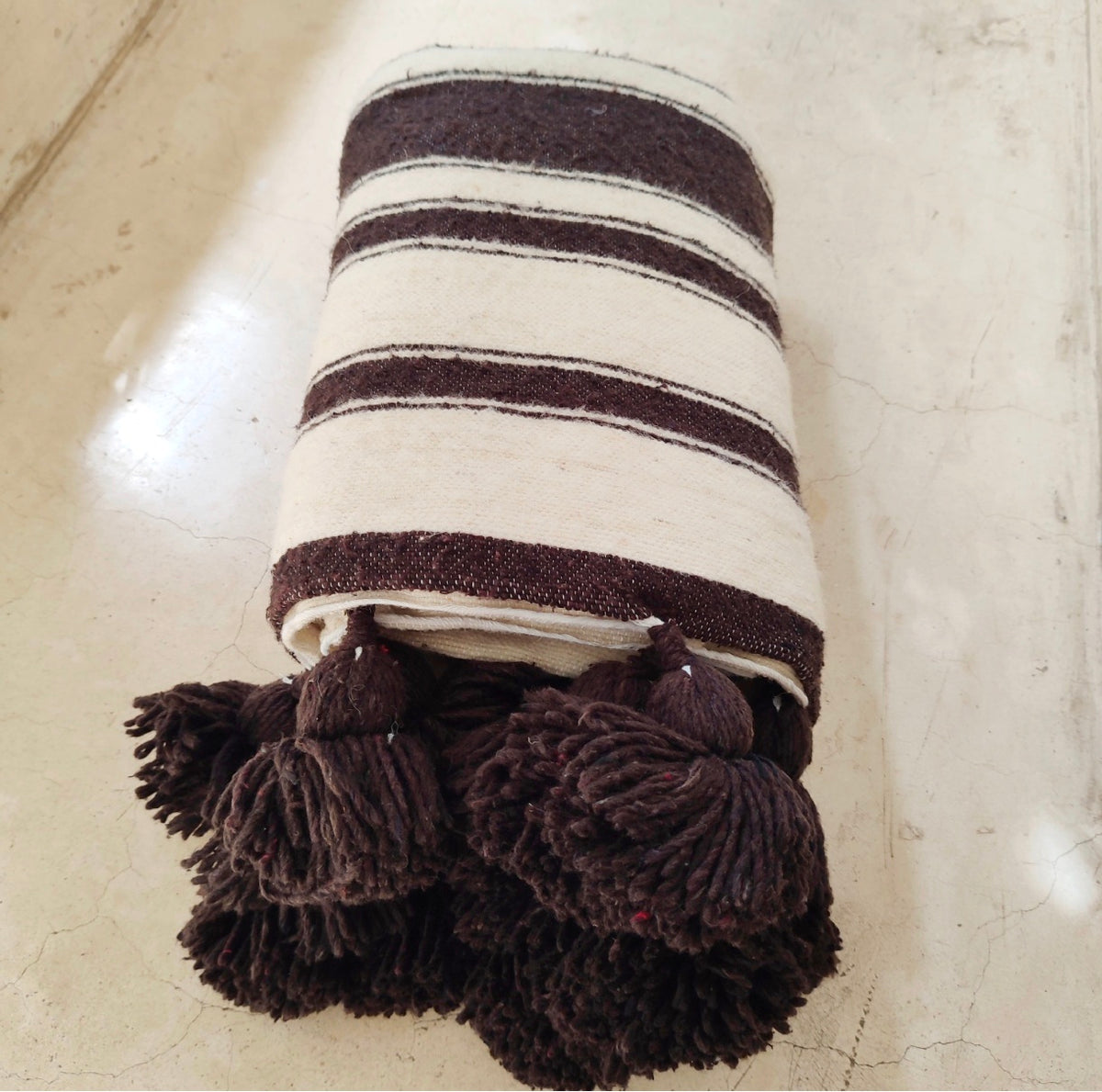 Handmade Moroccan Wool Blanket – Brown & White Striped Throw with Pom Poms