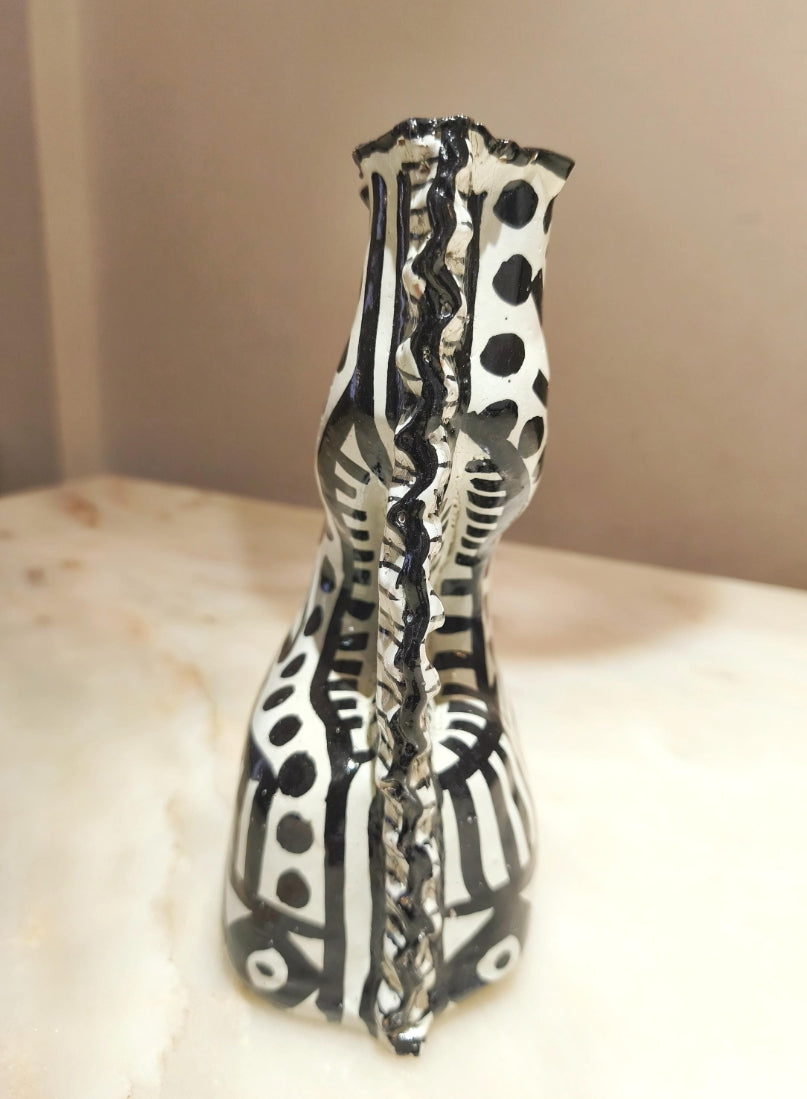Handmade Moroccan Tribal Ceramic Candle Holder – Black & White Boho Pottery