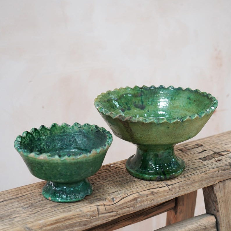Set of 4 Moroccan Green Tamegroute Pedestal Bowls – Handmade Green Glazed Ceramic Nesting Bowls