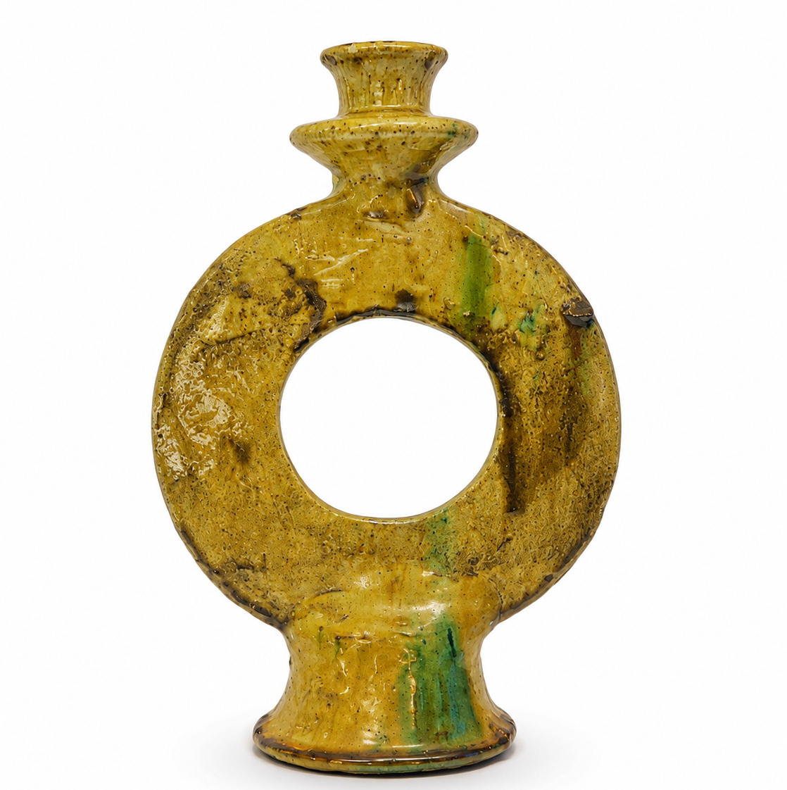 Handmade Tamegroute Yellow Ceramic Candle Holder – Rustic Moroccan Boho Decor
