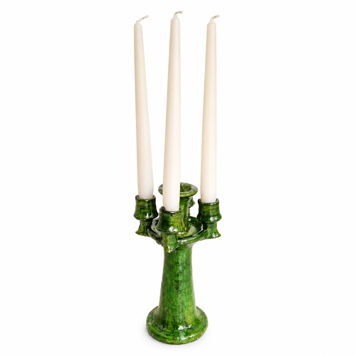 Handmade Tamegroute Green Ceramic Candlestick Holder – Authentic Moroccan Boho Decor
