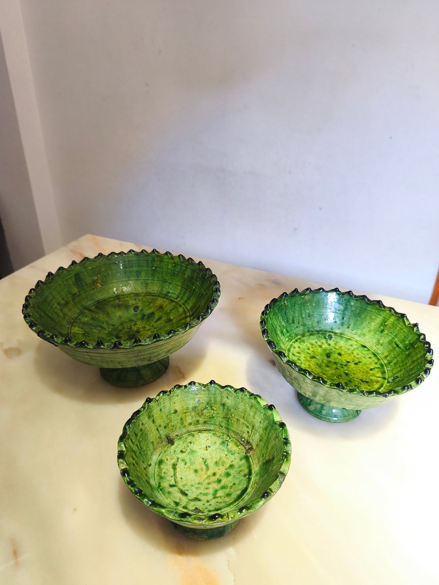 A set of 3 size Handmade Moroccan Ceramics Footed Bowls, Green Tamegroute bowls.
