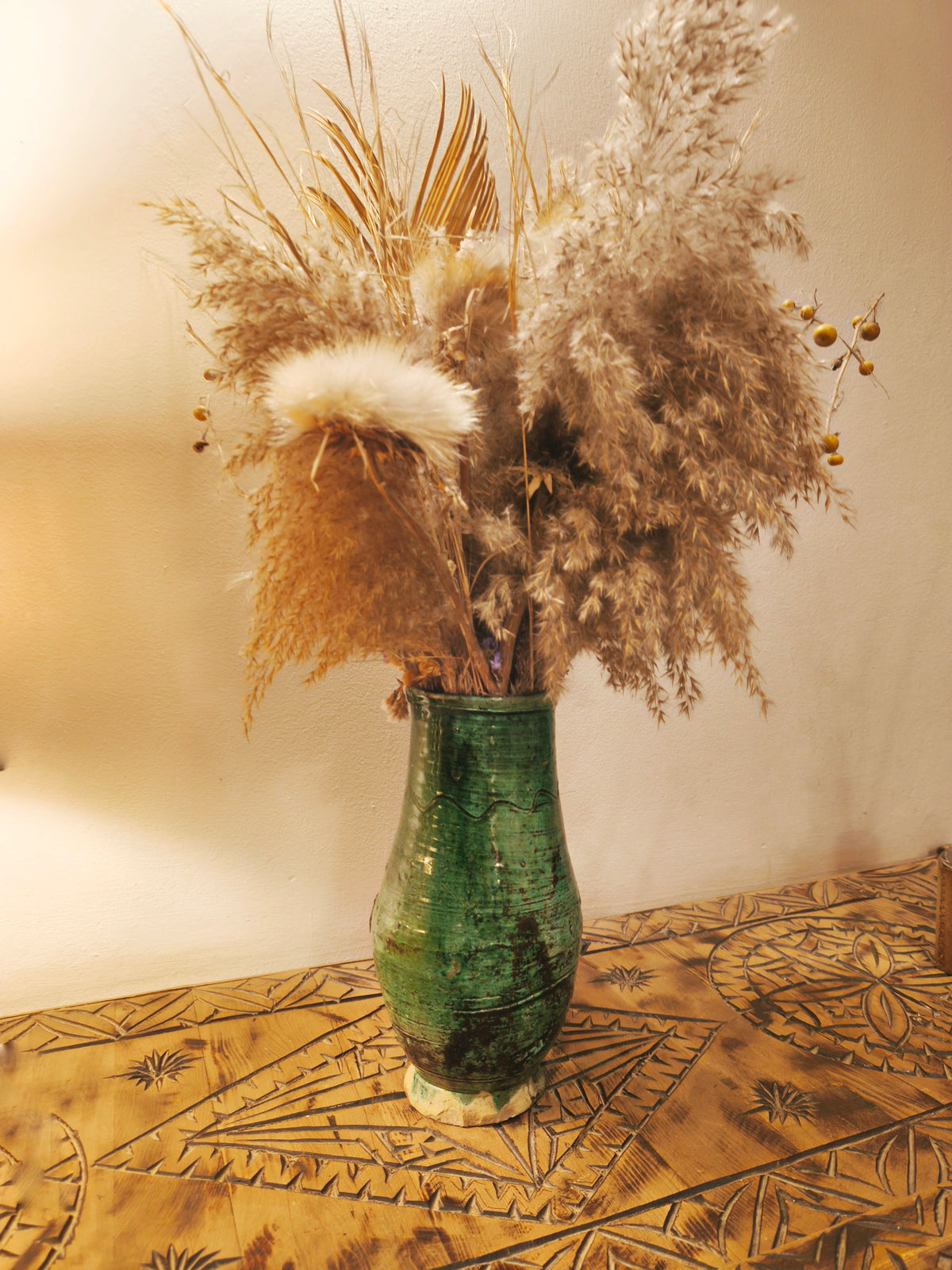 Handcrafted Moroccan Tamegroute Green Pottery Vase – Rustic Sahara Decor