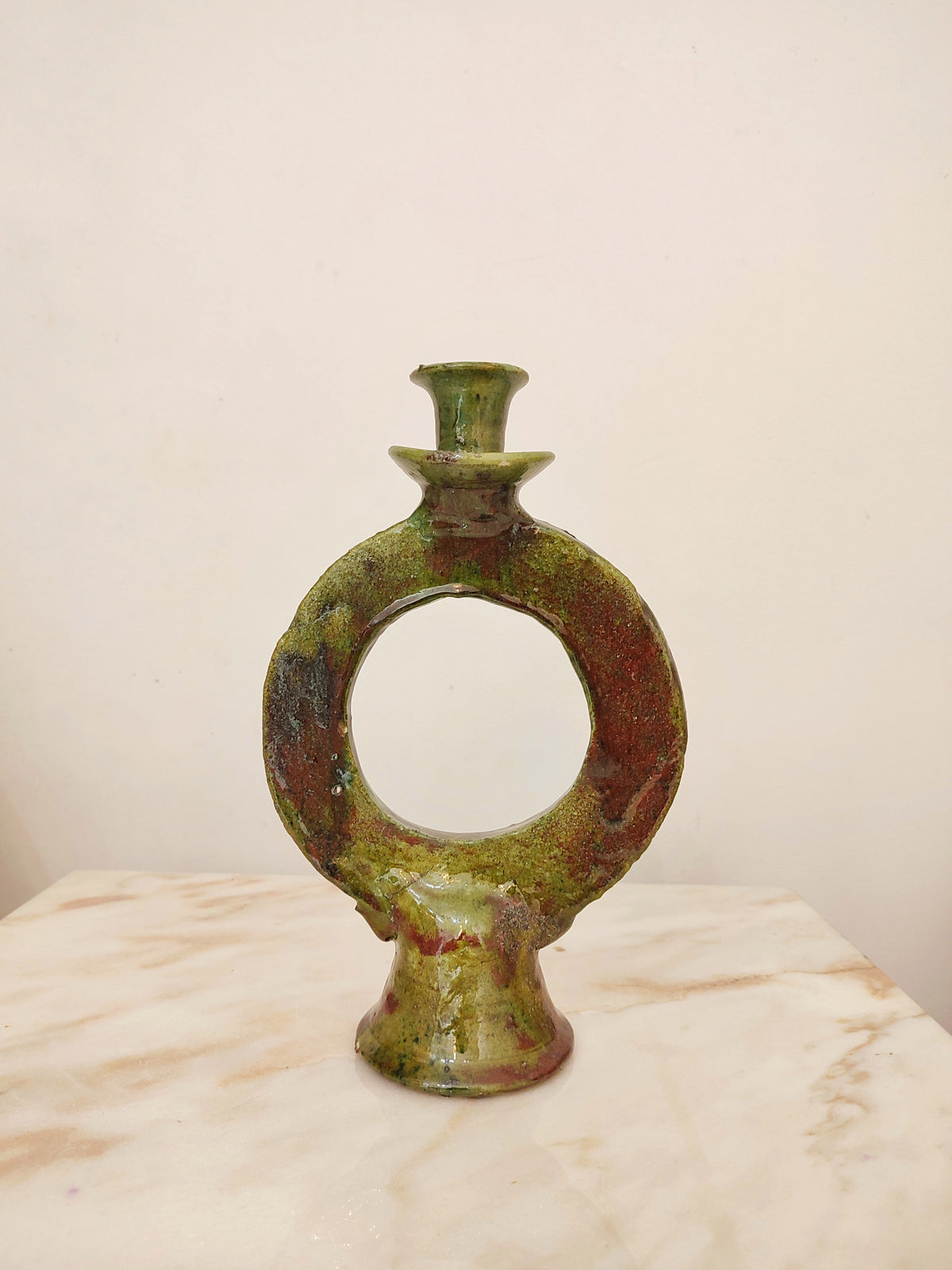 Handmade Tamegroute Green Ceramic Candle Holder – Authentic Moroccan Boho Decor
