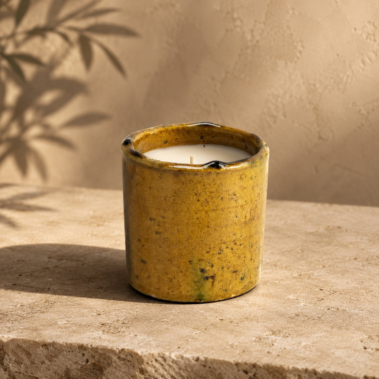 Authentic Tamegroute Ochre Candle Holder – Small Moroccan Ceramic Decor 7 × 9 cm