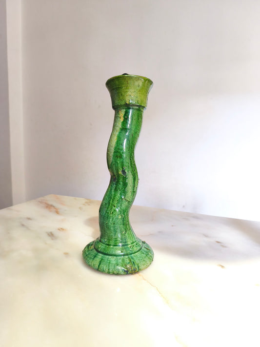 Handmade green Moroccan ceramic candlestick with curved sculptural shape, artisan pottery