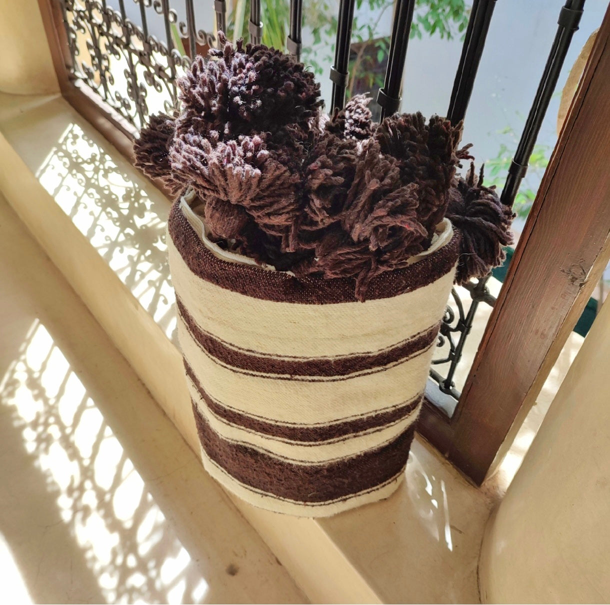 Handmade Moroccan Wool Blanket with Brown Pom Poms – Brown & White Striped Throw from Marrakech