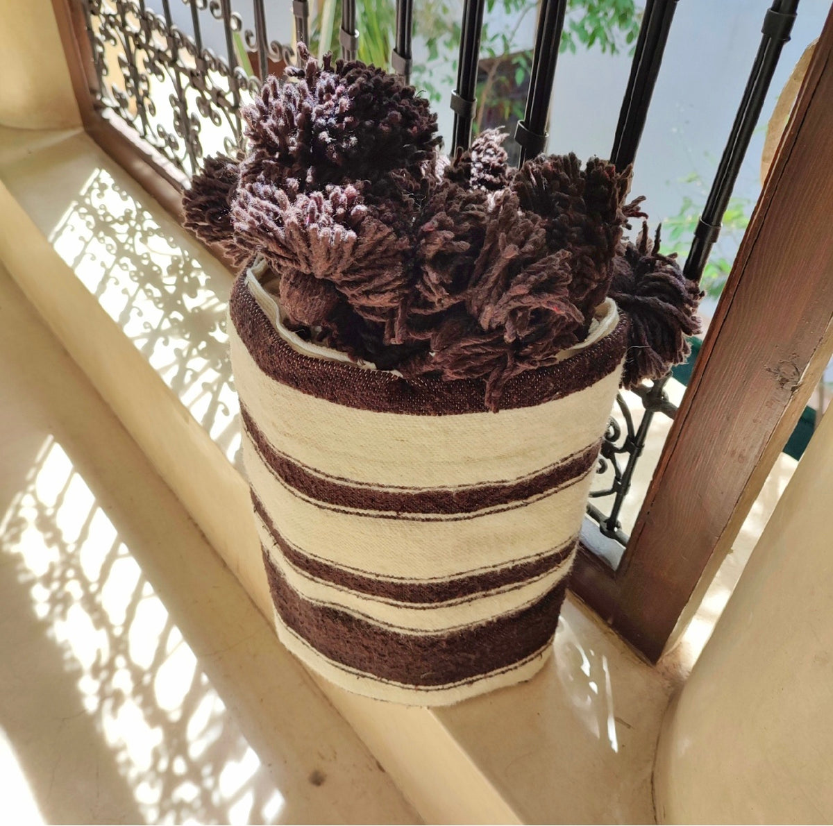 Handmade Moroccan Wool Blanket – Brown & White Striped Throw with Pom Poms