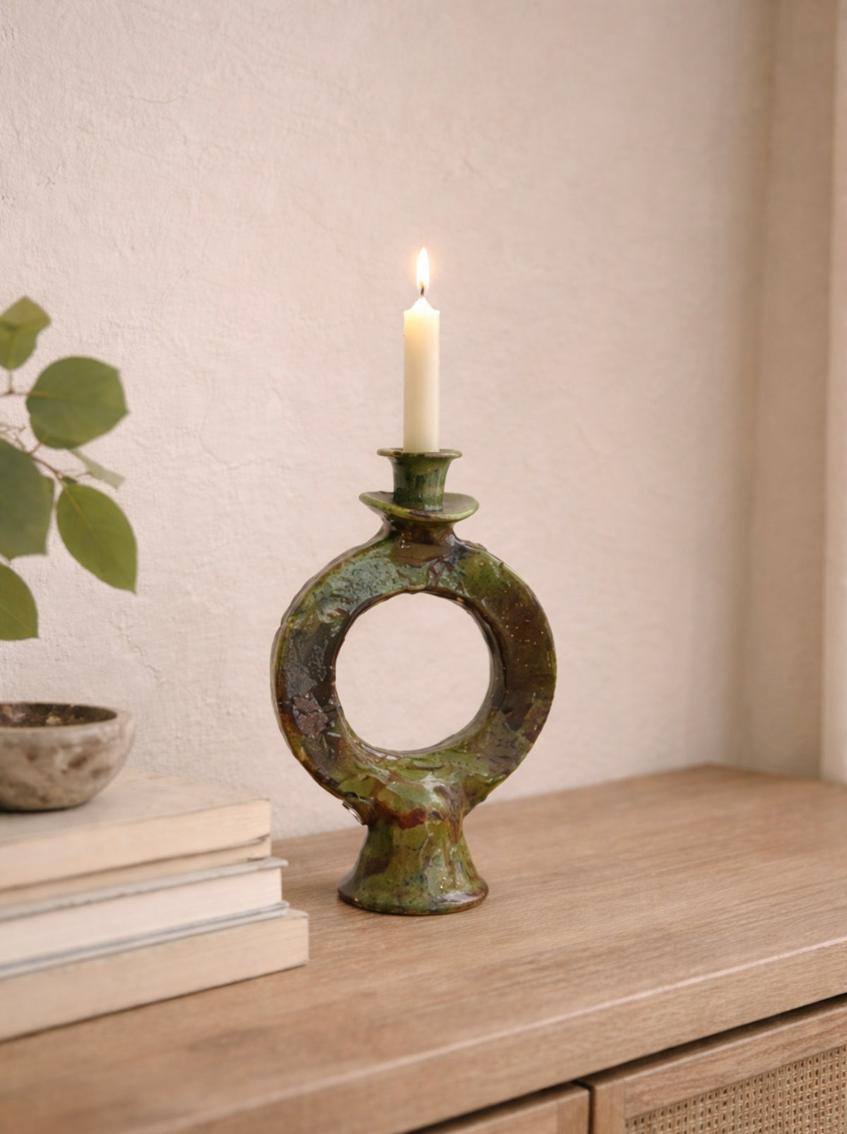 Handmade Tamegroute Green Ceramic Candle Holder – Authentic Moroccan Boho Decor