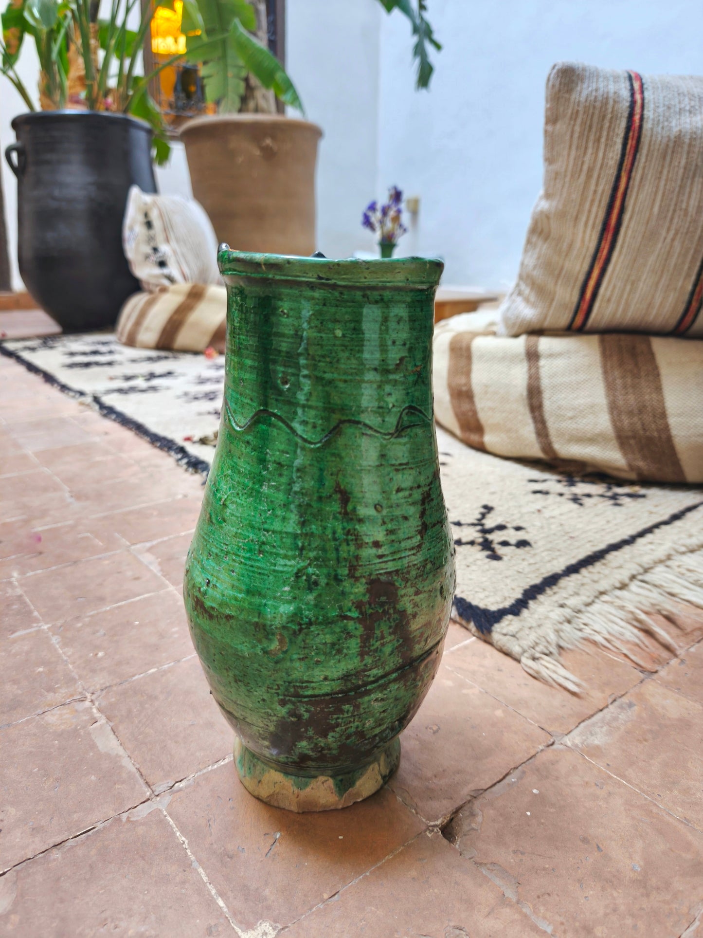 Handcrafted Moroccan Tamegroute Green Pottery Vase – Authentic Rustic Decor from Morocco