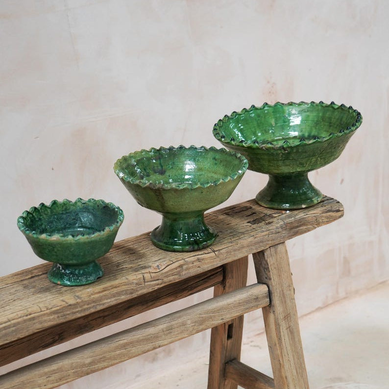 Set of 4 Moroccan Green Tamegroute Pedestal Bowls – Handmade Green Glazed Ceramic Nesting Bowls