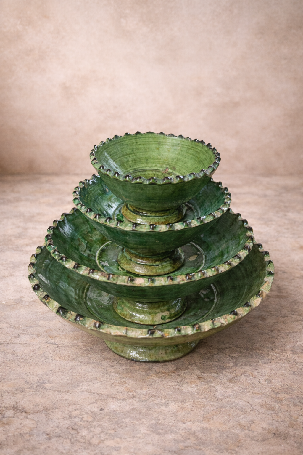 Set of 4 Moroccan Green Tamegroute Pedestal Bowls – Handmade Green Glazed Ceramic Nesting Bowls