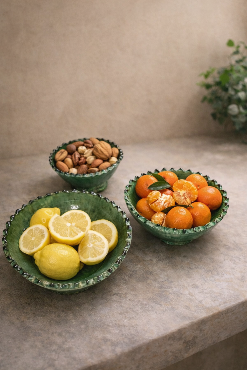 Handmade Moroccan green ceramic bowls set filled with lemons, clementines and nuts, authentic Tamegroute pottery from Morocco