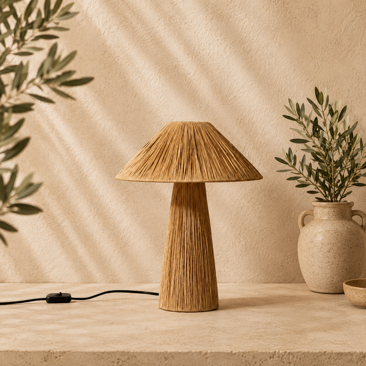 Handwoven Raffia Table Lamp – Moroccan Natural Fiber Boho Bedside Lamp
