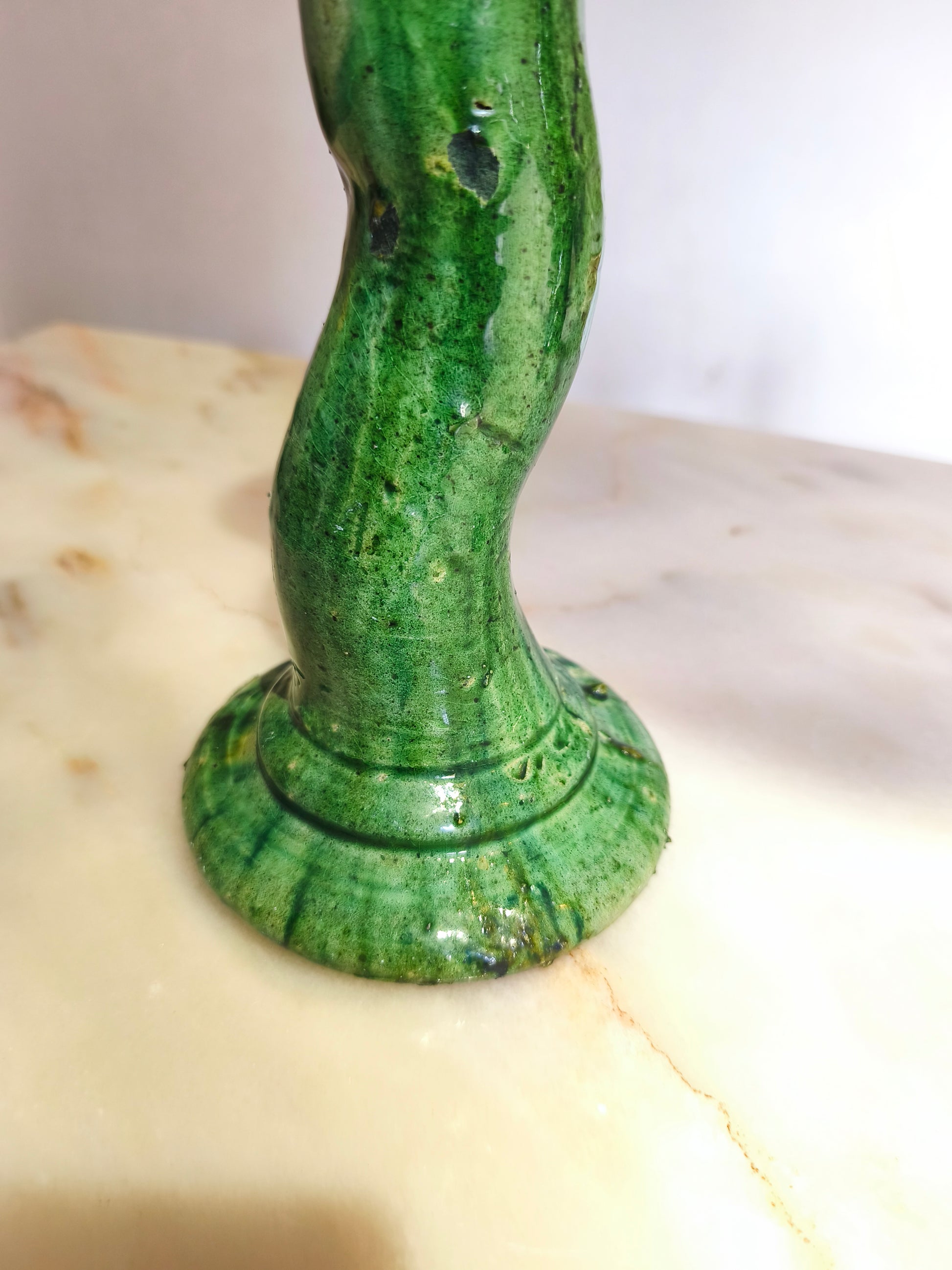 Rustic Moroccan ceramic candle holder in emerald green, hand-thrown pottery”