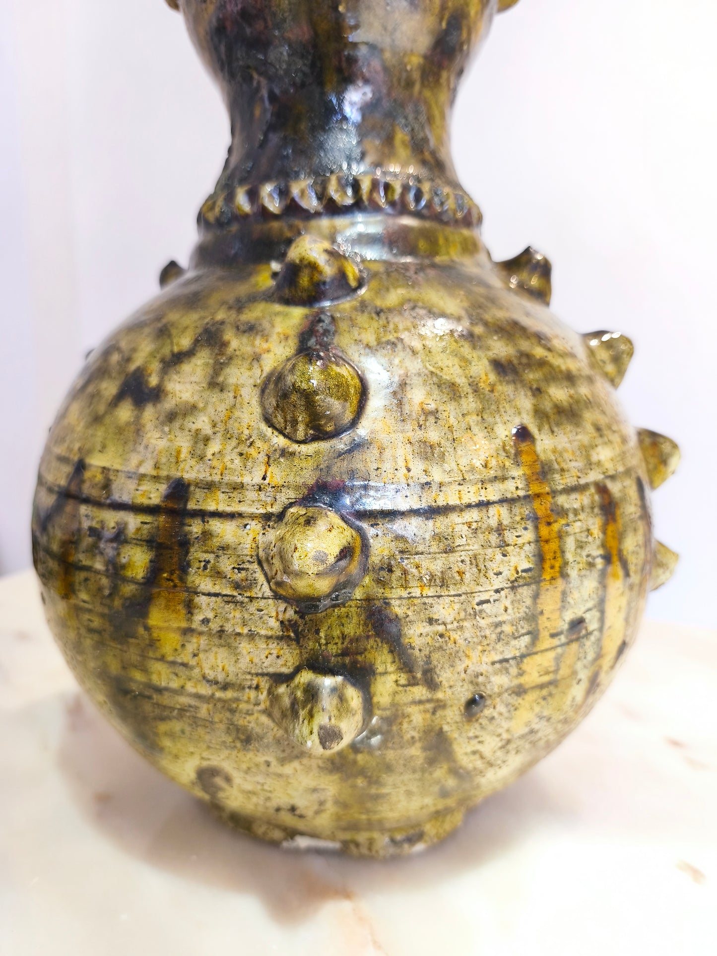 Handmade Textured Ceramic Vase with Raised Details – Earthy Green Glaze