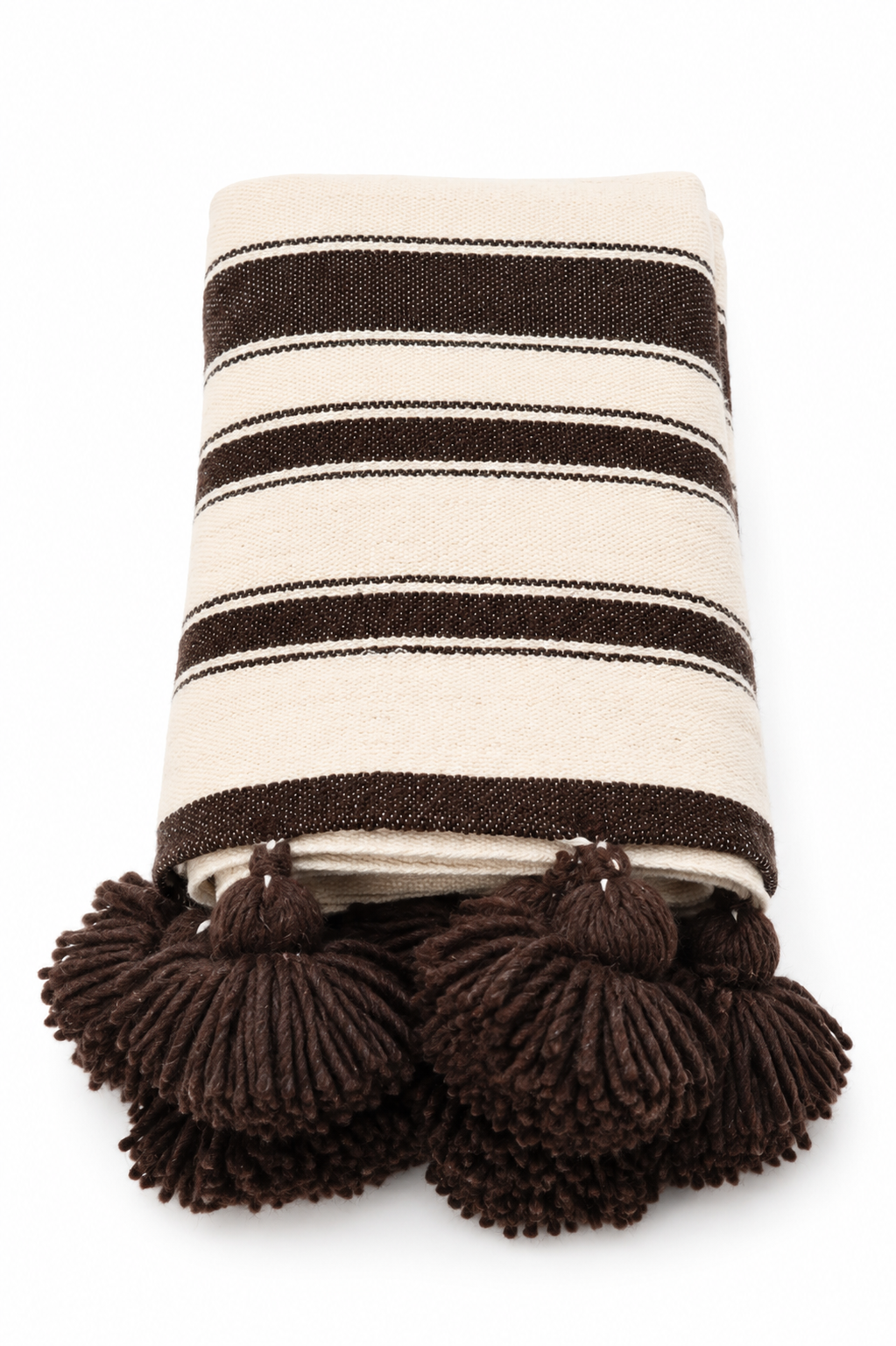 Handmade Moroccan Wool Blanket – Brown & White Striped Throw with Pom Poms