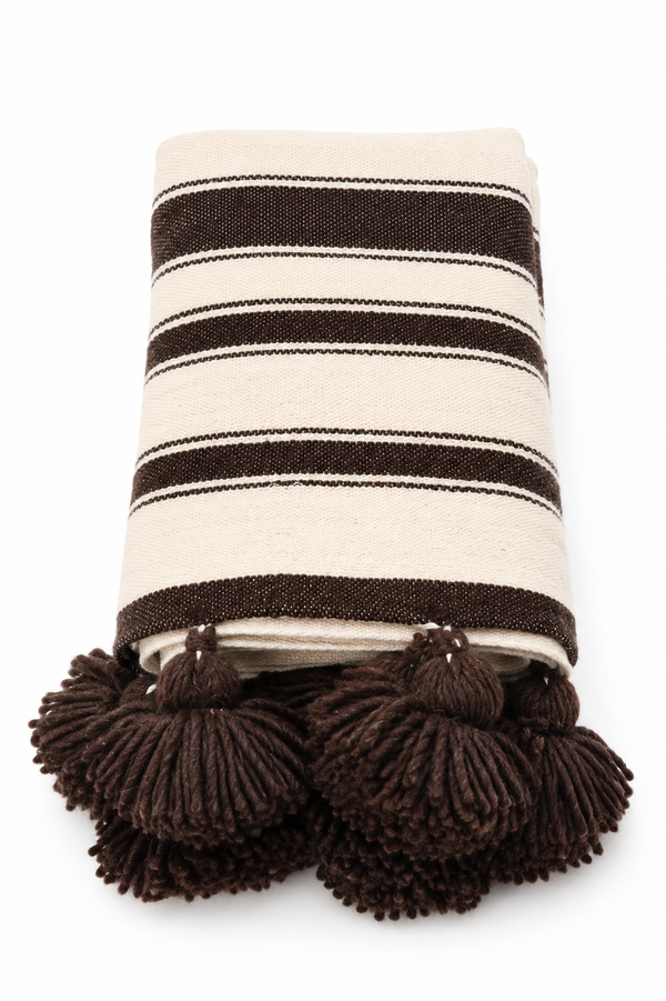 Handmade Moroccan Wool Blanket with Brown Pom Poms – Brown & White Striped Throw from Marrakech