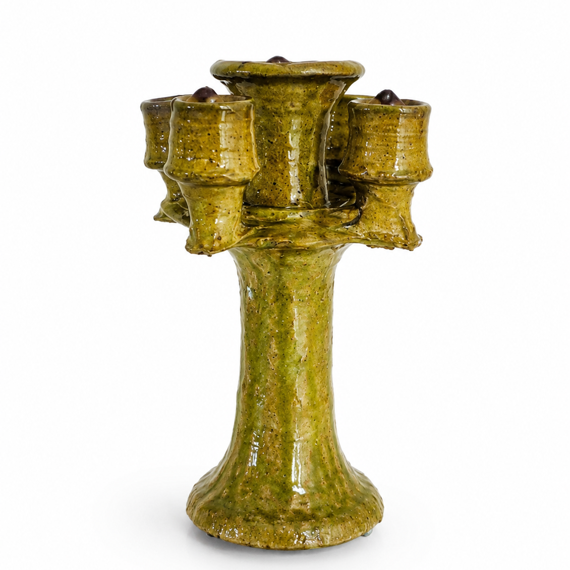 Handmade Tamegroute Ceramic Candelabra – Green & Gold Moroccan Boho Decor