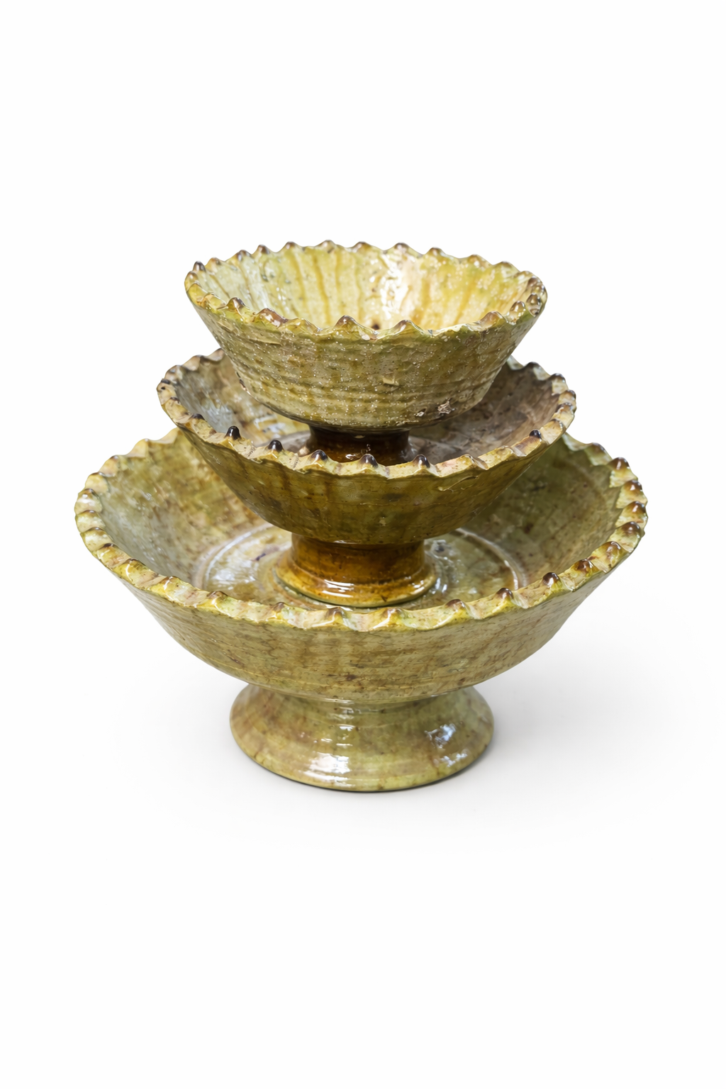 Set of 4 size Tamegroute Footed Bowls | s, m, l,xl | Green and Orche color Glazed ceramic Bowls| Moroccan Ceramic