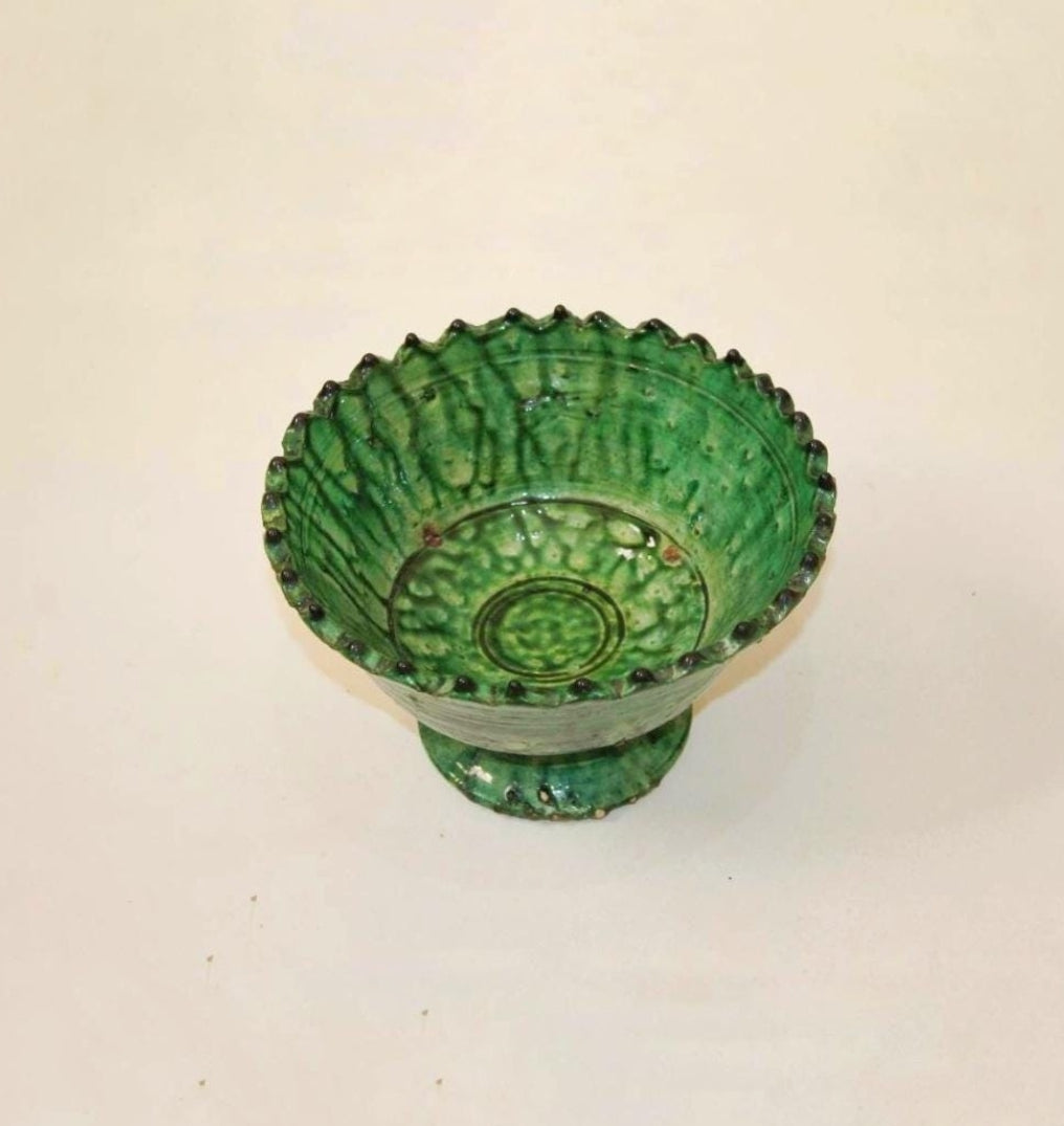 Set of 4 size Tamegroute Footed Bowls | s, m, l,xl | Green and Orche color Glazed ceramic Bowls| Moroccan Ceramic