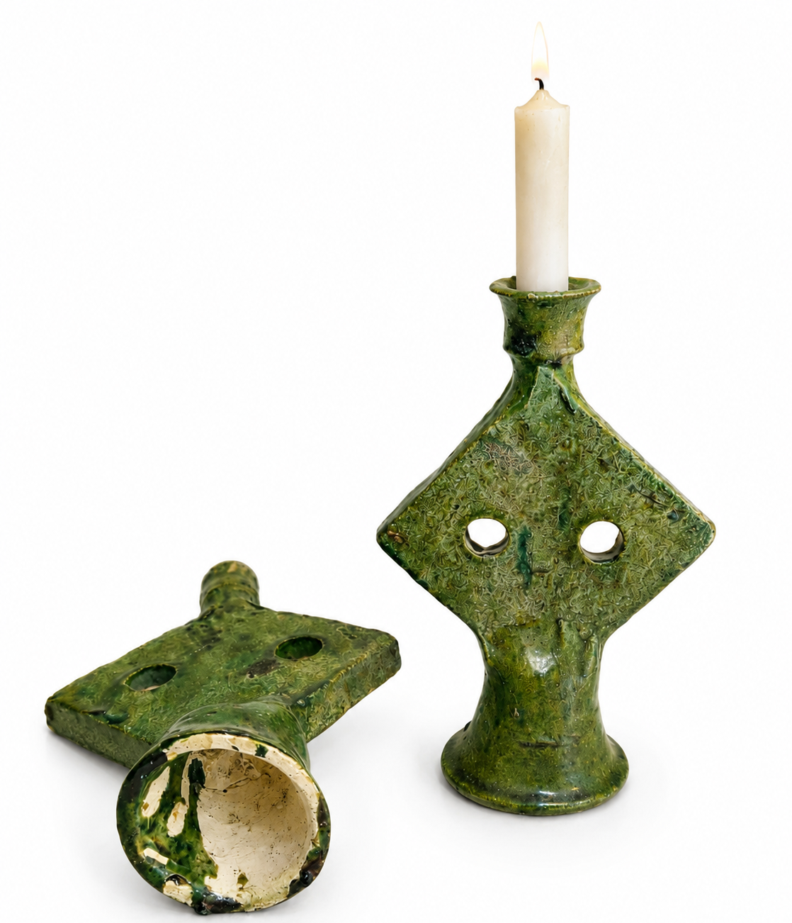 Handmade Tamegroute Green Ceramic Candle Holder – Vintage Moroccan Boho Decor