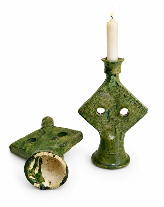 Moroccan Tamegroute Candle Holder – Vintage Green Ceramic Art