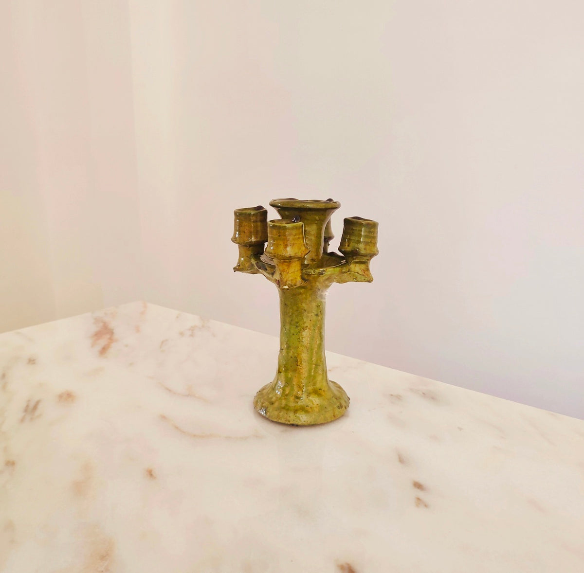 Handmade Tamegroute Ceramic Candelabra – Green & Gold Moroccan Boho Decor