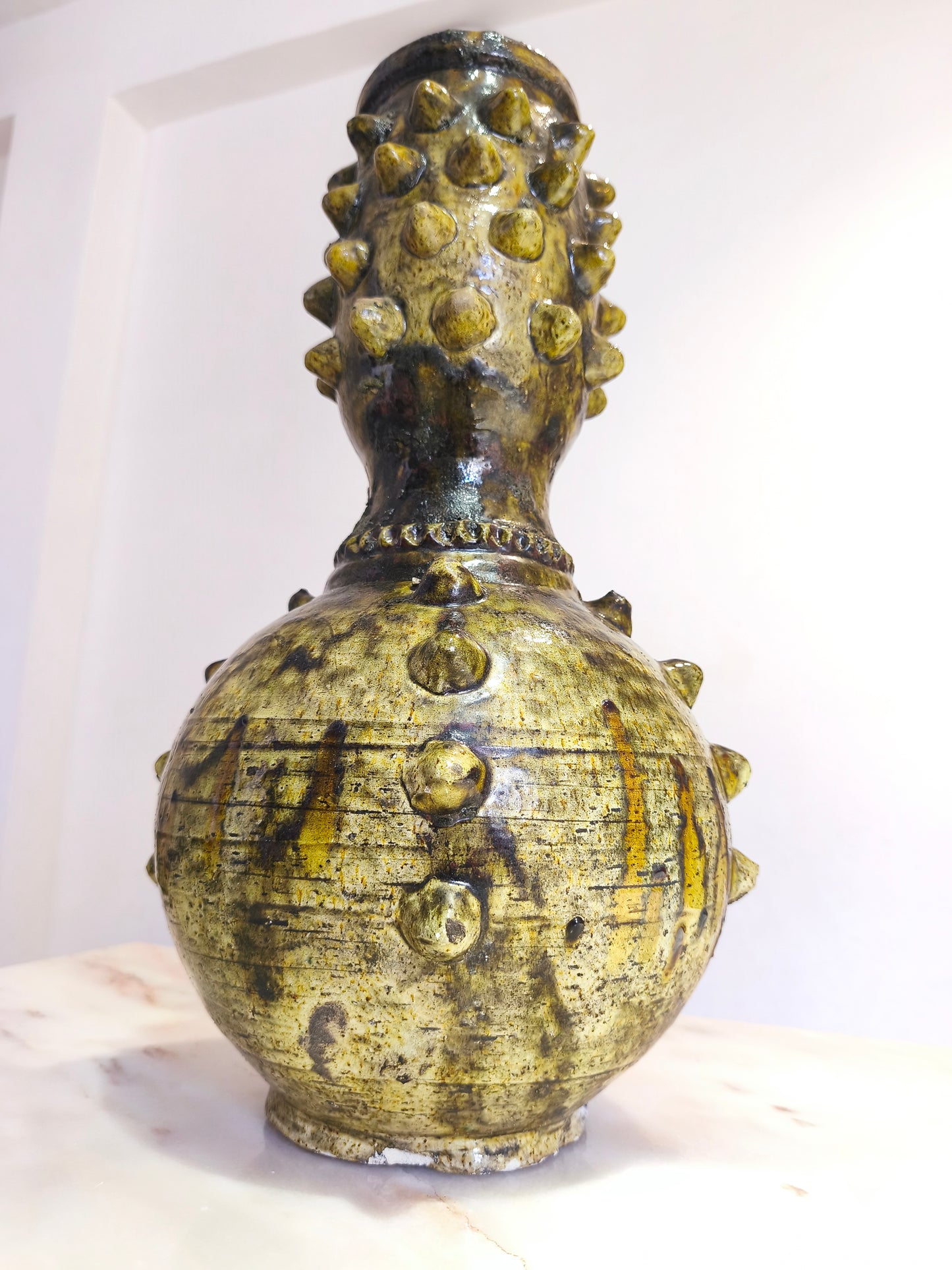 Handmade Textured Ceramic Vase with Raised Details – Earthy Green Glaze