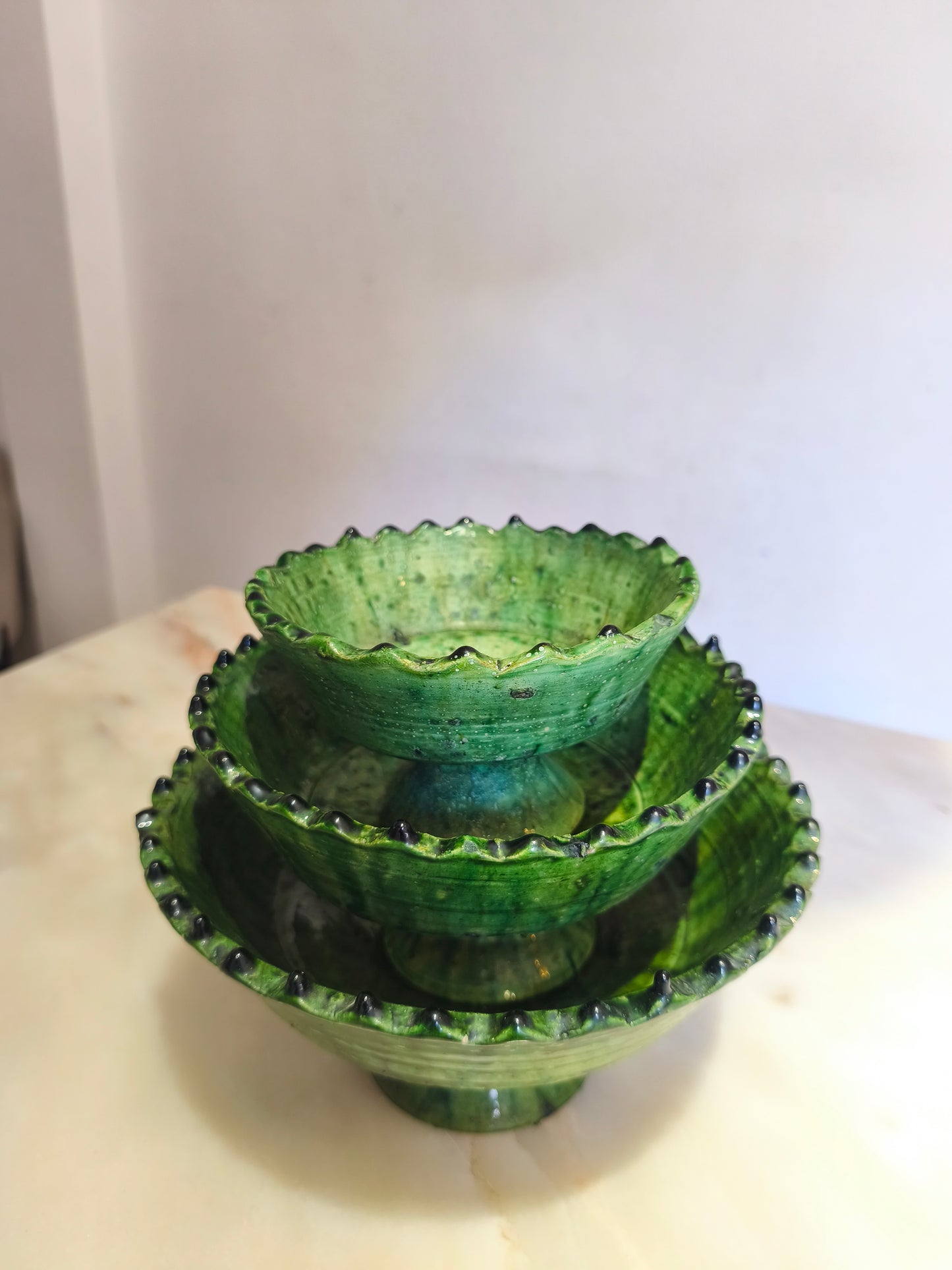 A set of 3 size Handmade Moroccan Ceramics Footed Bowls, Green Tamegroute bowls.