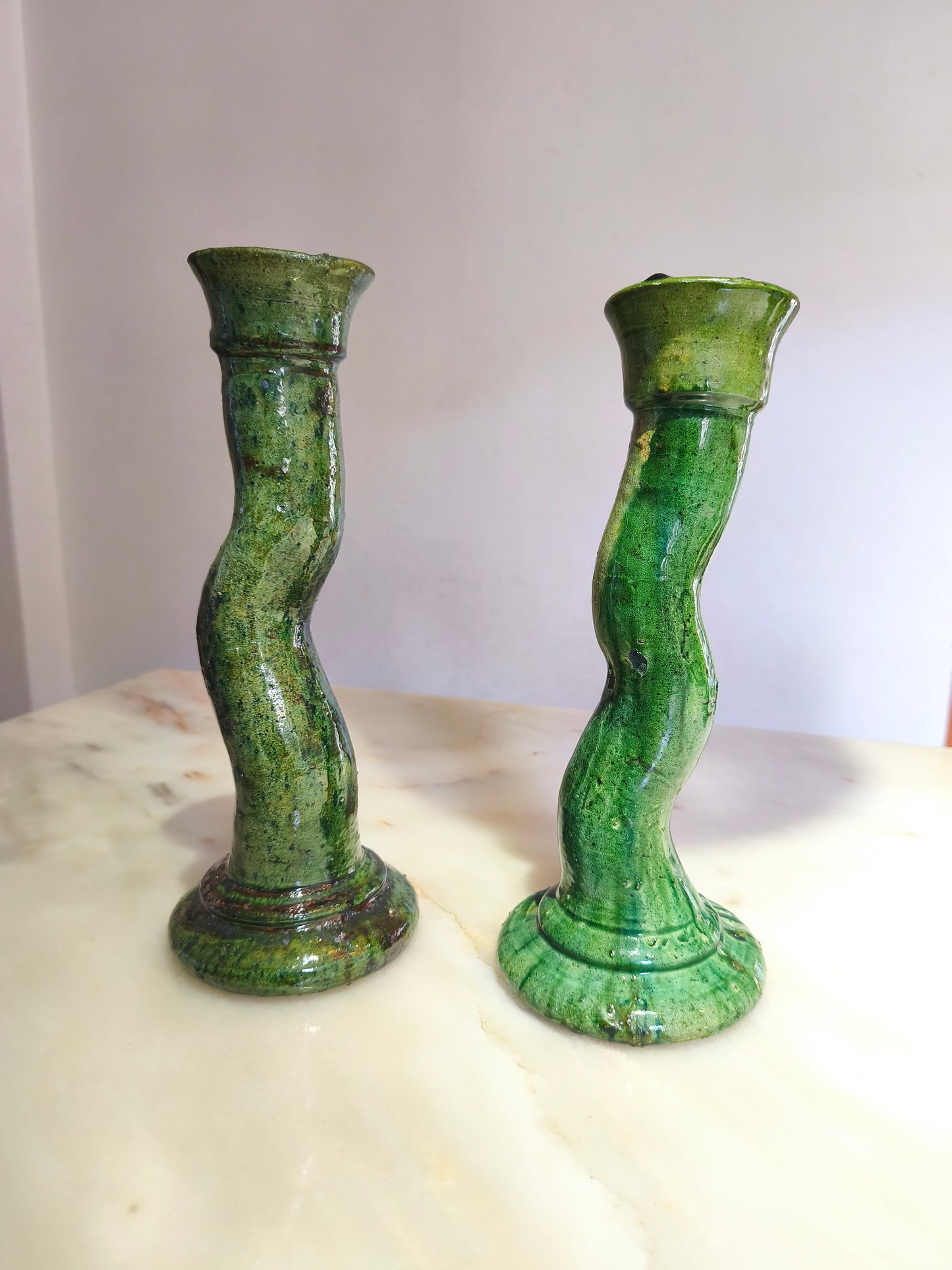 Funky design Green Tamegroute Candle holder- Moroccan Ceramics candlestick Holder 35 cm tall