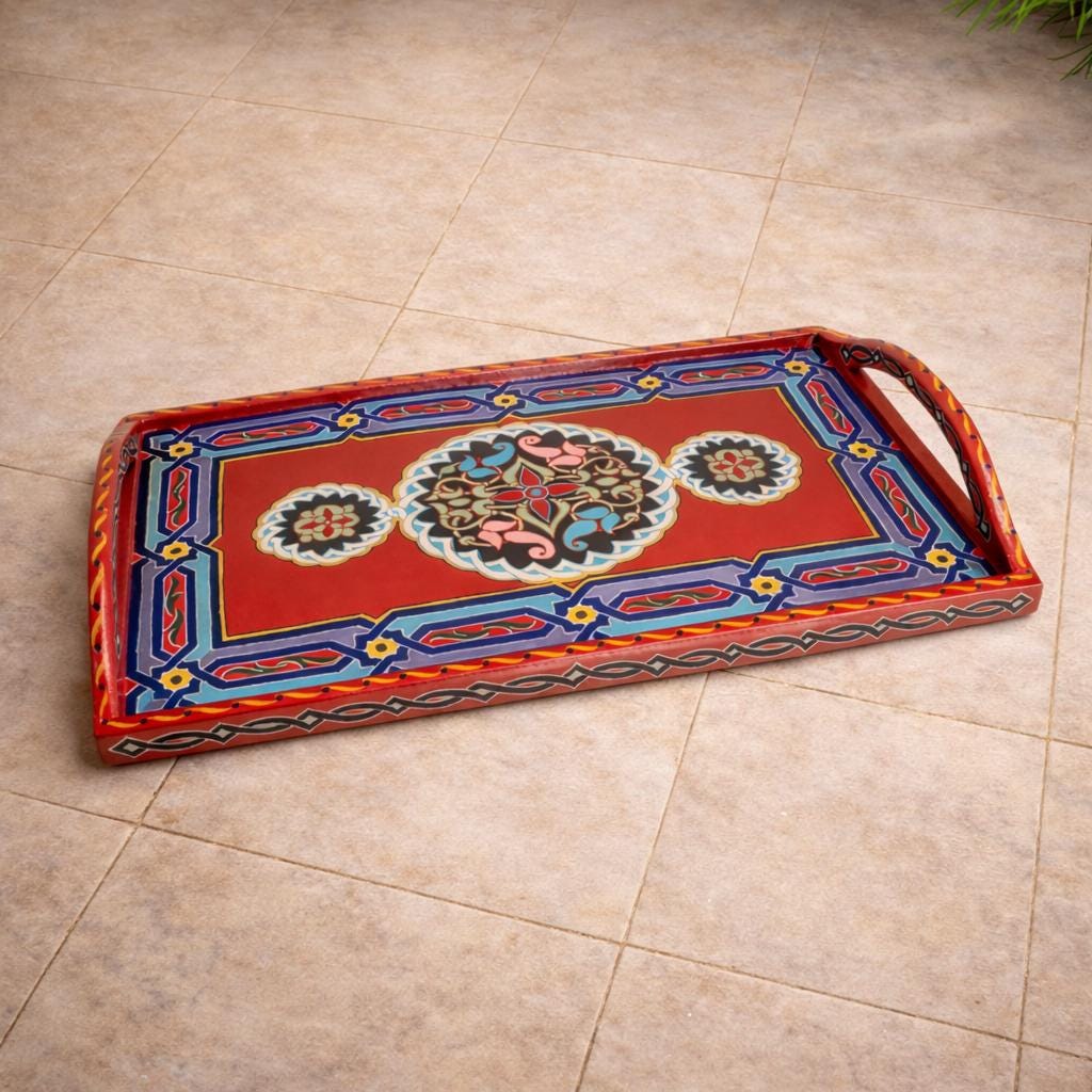 Hand-Painted Moroccan Wooden Serving Tray – Artisan Decorative Tea & Coffee Tray