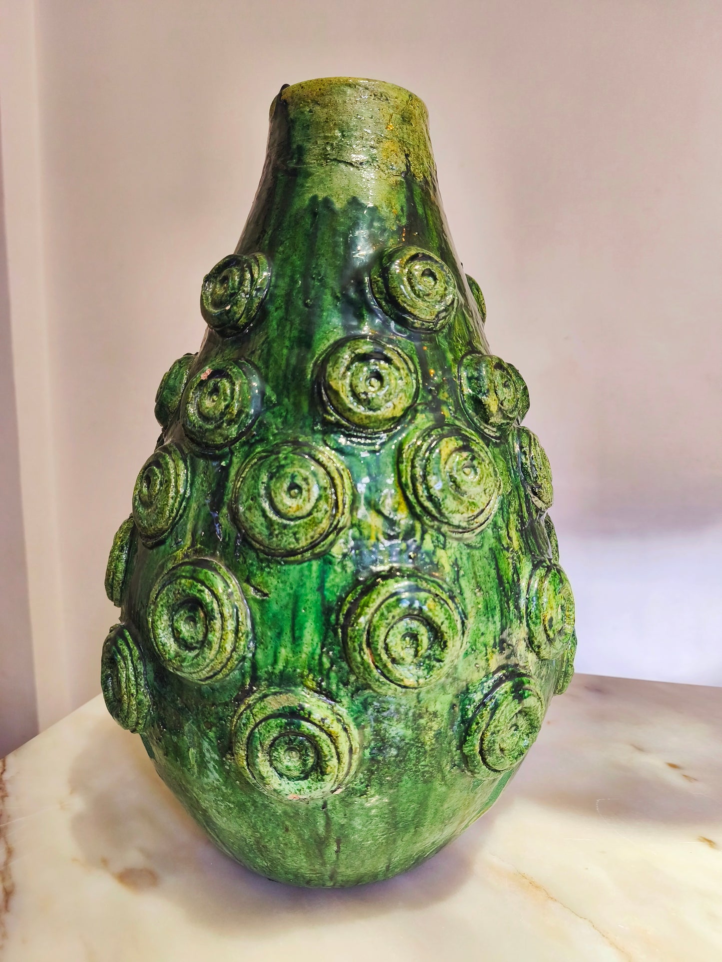 Authentic handmade Tamegroute pottery vase with green glaze
